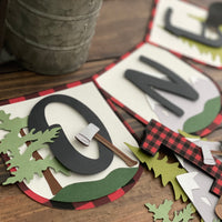Lumberjack Birthday high chair banner, Lumberjack theme cake topper