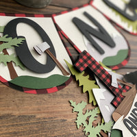 Lumberjack Birthday high chair banner, Lumberjack theme cake topper