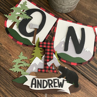 Lumberjack Birthday high chair banner, Lumberjack theme cake topper