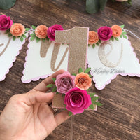 One year old cake topper, Floral cake topper, number 1 cake topper, one cake topper, glitter cake topper, cake smash cake topper-1