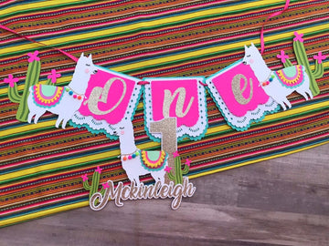 Llama banner, llama high chair banner, llama cake topper, llama party decor, cactus party, fiesta party decor, CUSTOMIZE IT!