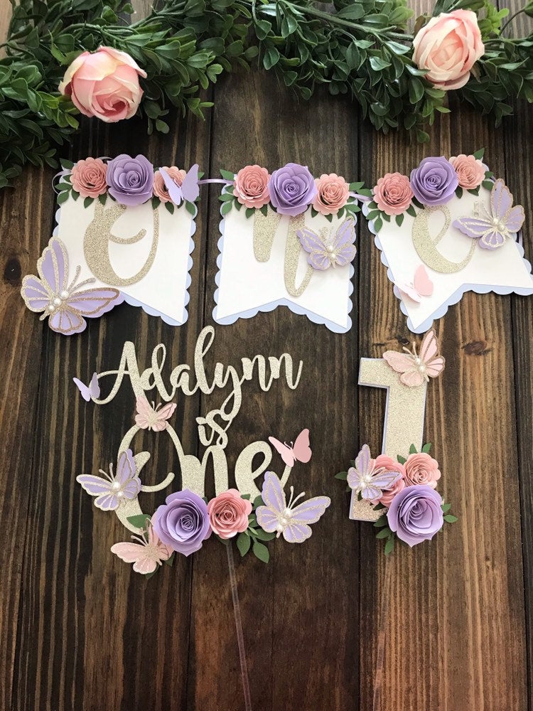 Butterfly theme banner, butterfly floral banner, 1st birthday butterfly  theme, butterfly cake topper, butterfly decor-5
