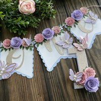 Butterfly theme banner, butterfly floral banner, 1st birthday butterfly theme, butterfly cake topper, butterfly decor