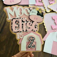 Farm cake topper, cow cake topper, cow 2nd birthday, pink barnyard theme, farm birthday banner, farm theme