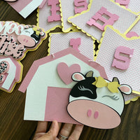 Farm cake topper, cow cake topper, cow 2nd birthday, pink barnyard theme, farm birthday banner, farm theme