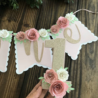 One high chair banner, floral high chair banner, boho theme birthday decor, smash cake banner, smash cake photo prop, floral birthday banner