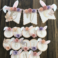 Bunny one high chair banner, Bunny floral banner, 1st birthday Bunny theme, Some bunny is one