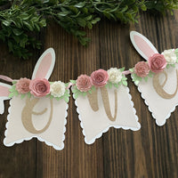 Bunny one high chair banner, Bunny floral banner, 1st birthday Bunny theme, Some bunny is one