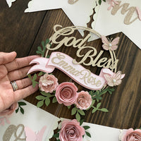 Christening cake topper, Baptism cake topper, god bless cake topper, floral party, god bless banner, first communion banner