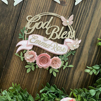 Christening cake topper, Baptism cake topper, god bless cake topper, floral party, god bless banner, first communion banner