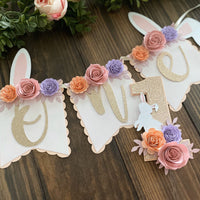 Bunny one high chair banner, Bunny floral banner, 1st birthday Bunny theme, Some bunny is one