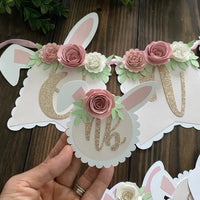 Bunny one high chair banner, Bunny floral banner, 1st birthday Bunny theme, Some bunny is one