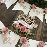 Christening cake topper, Baptism cake topper, god bless cake topper, floral party, god bless banner, christening banner