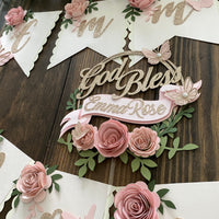 Christening cake topper, Baptism cake topper, god bless cake topper, floral party, god bless banner, first communion banner
