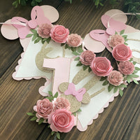 Cake topper, high chair banner, floral party decor, banner, party package