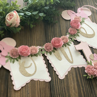 Cake topper, high chair banner, floral party decor, banner, party package