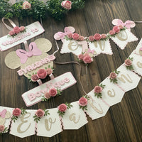 Cake topper, high chair banner, floral party decor, banner, party package