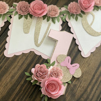 Cake topper, high chair banner, floral party decor, banner, party package
