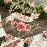 Christening cake topper, Baptism cake topper, god bless cake topper, floral party, god bless banner, first communion banner