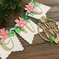 Flamingo cake topper, tropical high chair banner, flamingo birthday decor, smash cake banner, smash cake photo prop, luau first birth