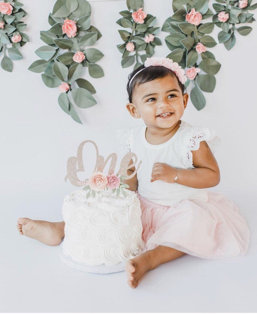 one cake topper, One Year Old Cake Topper, Floral Cake Topper, Glitter Cake Topper, Smash Cake , Girl Cake Topper,  cake smash cake topper-2