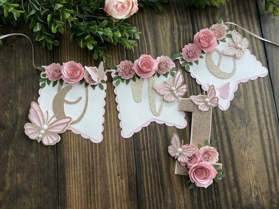 Butterfly theme banner, butterfly floral banner, 1st birthday butterfly theme, butterfly cake topper, butterfly decor