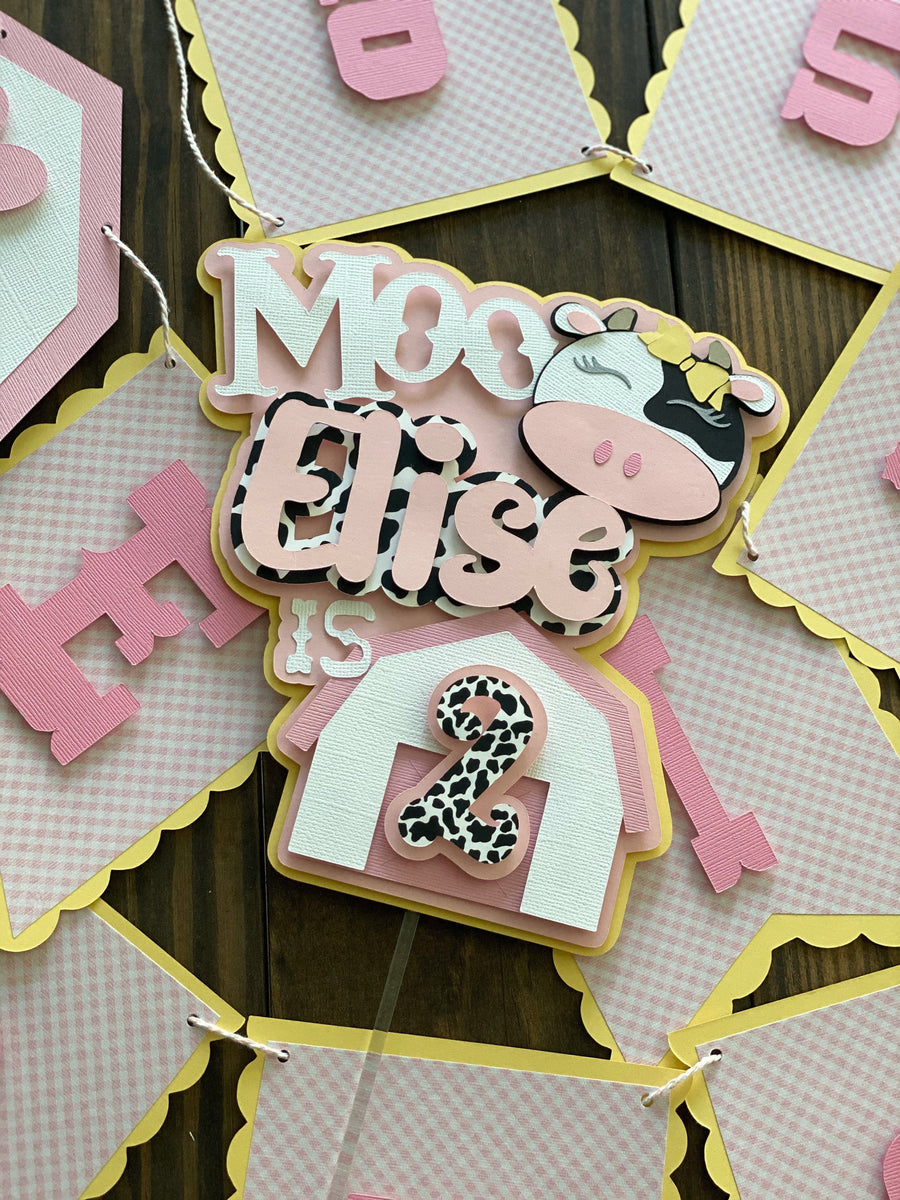 Farm cake topper, cow cake topper, cow 2nd birthday, pink barnyard
