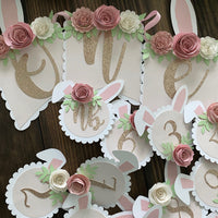 Bunny one high chair banner, Bunny floral banner, 1st birthday Bunny theme, Some bunny is one