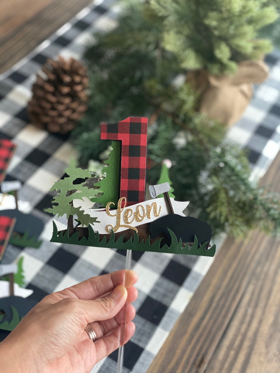 Lumberjack cake topper, black bear topper, buffalo plaid cake topper, lumberjack topper