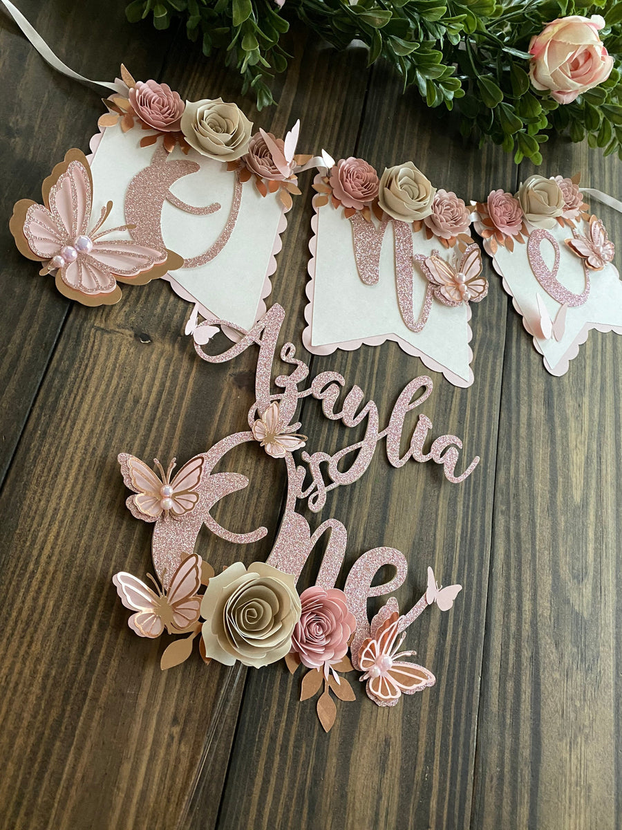 Butterfly theme party package, butterfly floral banner, 1st birthday butterfly theme, butterfly cake topper, butterfly decor