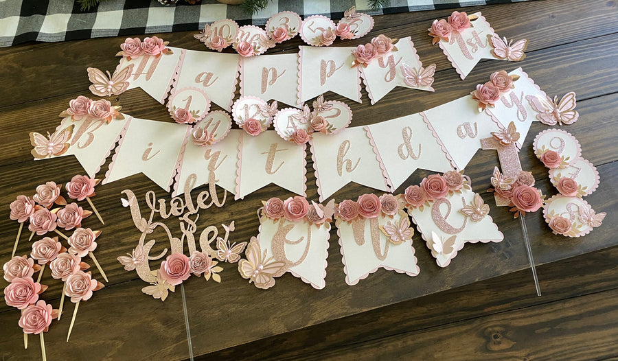 Butterfly theme party package, butterfly floral banner, 1st birthday butterfly theme, butterfly cake topper, butterfly decor