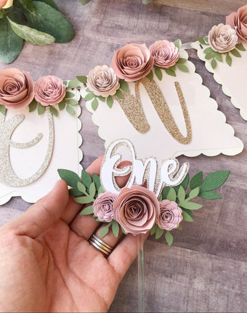 one cake topper, One Year Old Cake Topper, Floral Cake Topper, Glitter Cake Topper, Smash Cake , Girl Cake Topper,  cake smash cake topper-3